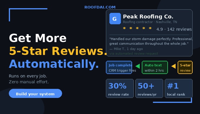 Roofing contractor Google review strategy showing automated review requests and 5 star ratings for roofing companies using RoofD AI