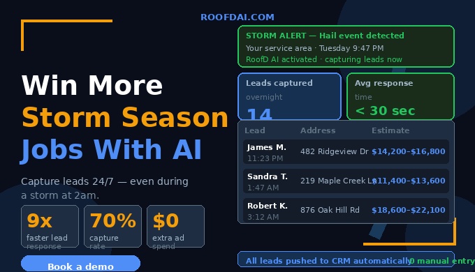 Roofing contractor using AI chatbot to capture storm season leads automatically on their website while managing storm damage jobs on site