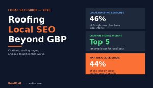 Roofing contractor reviewing roofing local SEO strategy with citations NAP consistency and geo-targeted landing pages on laptop in 2026