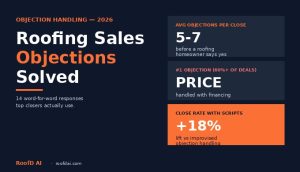 Roofing sales rep handling common roofing sales objections at a kitchen table presentation with homeowner reviewing word-for-word response scripts in 2026