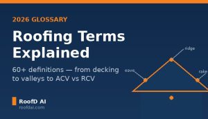roofing terms glossary showing labeled parts of a roof including decking underlayment flashing and ridge