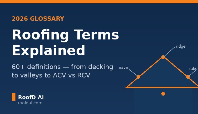 roofing terms glossary showing labeled parts of a roof including decking underlayment flashing and ridge