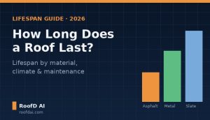 How long does a roof last guide showing a bar chart comparing asphalt, metal, and slate roof lifespans