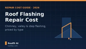 Roof flashing repair cost guide showing orange flashing detail around a chimney on a roof plane