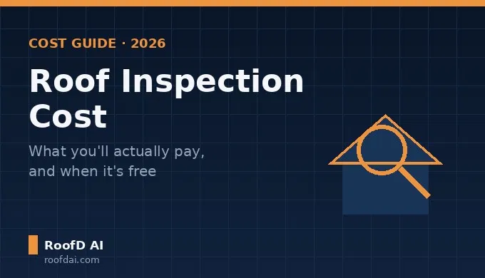 Roof inspection cost guide cover showing a magnifying glass over a house roof icon for 2026