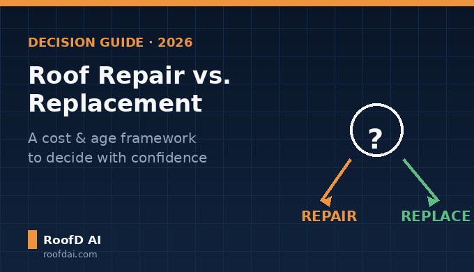 Roof repair vs replacement decision guide showing a question mark with arrows pointing to repair or replace